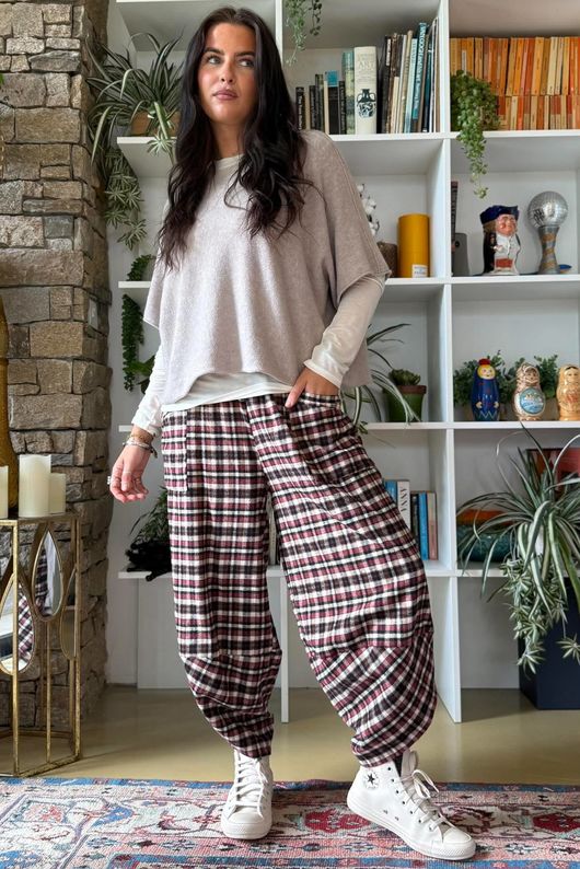 Jasper Plaid Brushed Cotton Shelby Barrel Pant Burgundy